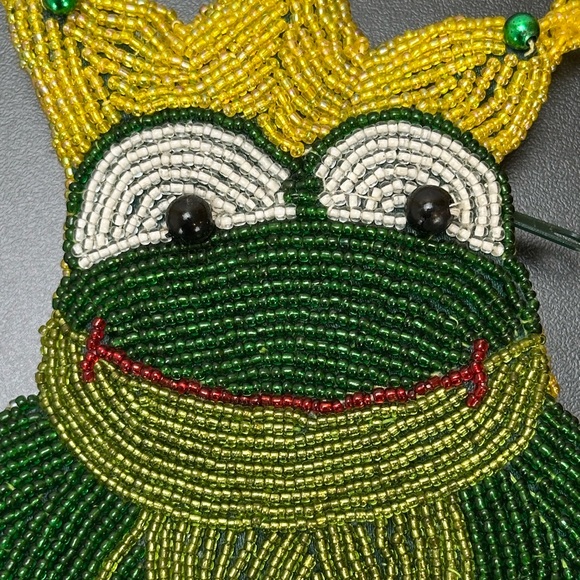 Vtg Prince King Happy Beaded Frog Small Change Zip Purse Crossbody Gold Crown - Picture 5 of 11